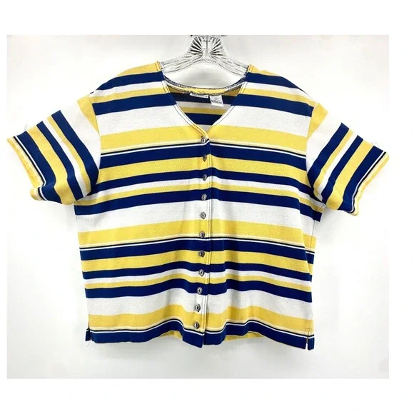 Women's Blue Yellow Striped Button Front Top Size L Game Day Rams Brewers Colors - Picture 1 of 9